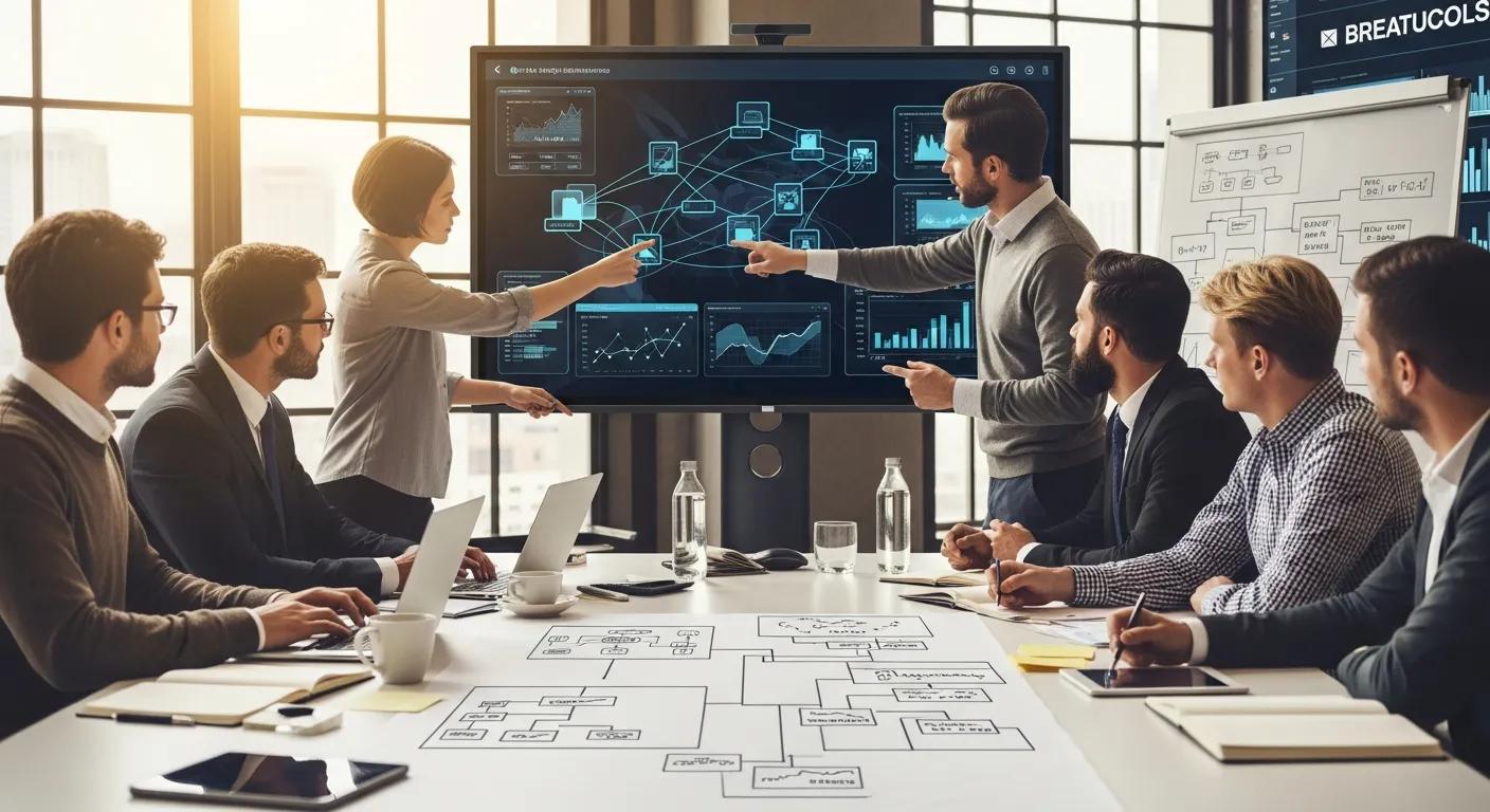 A team collaborating on a complex digital migration project, involving data analysis and strategic planning discussions