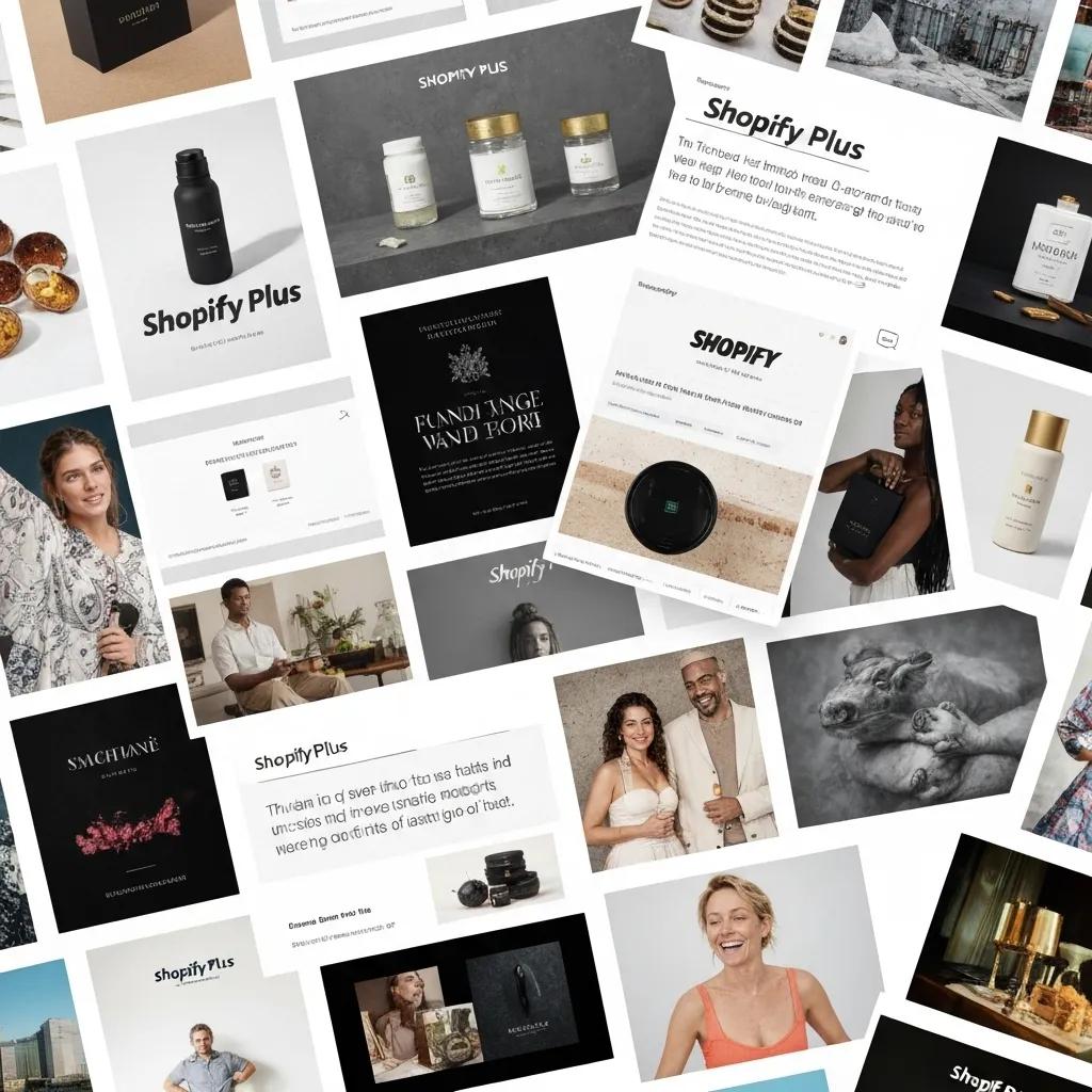 A dynamic collage showcasing successful e-commerce brands that leverage Shopify Plus, representing diverse industries and significant achievements.