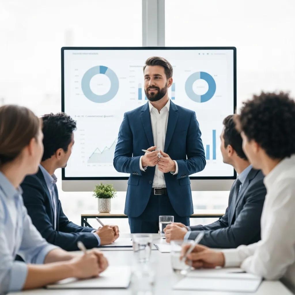 A consultant presenting innovative e-commerce growth strategies to clients in a modern conference setting