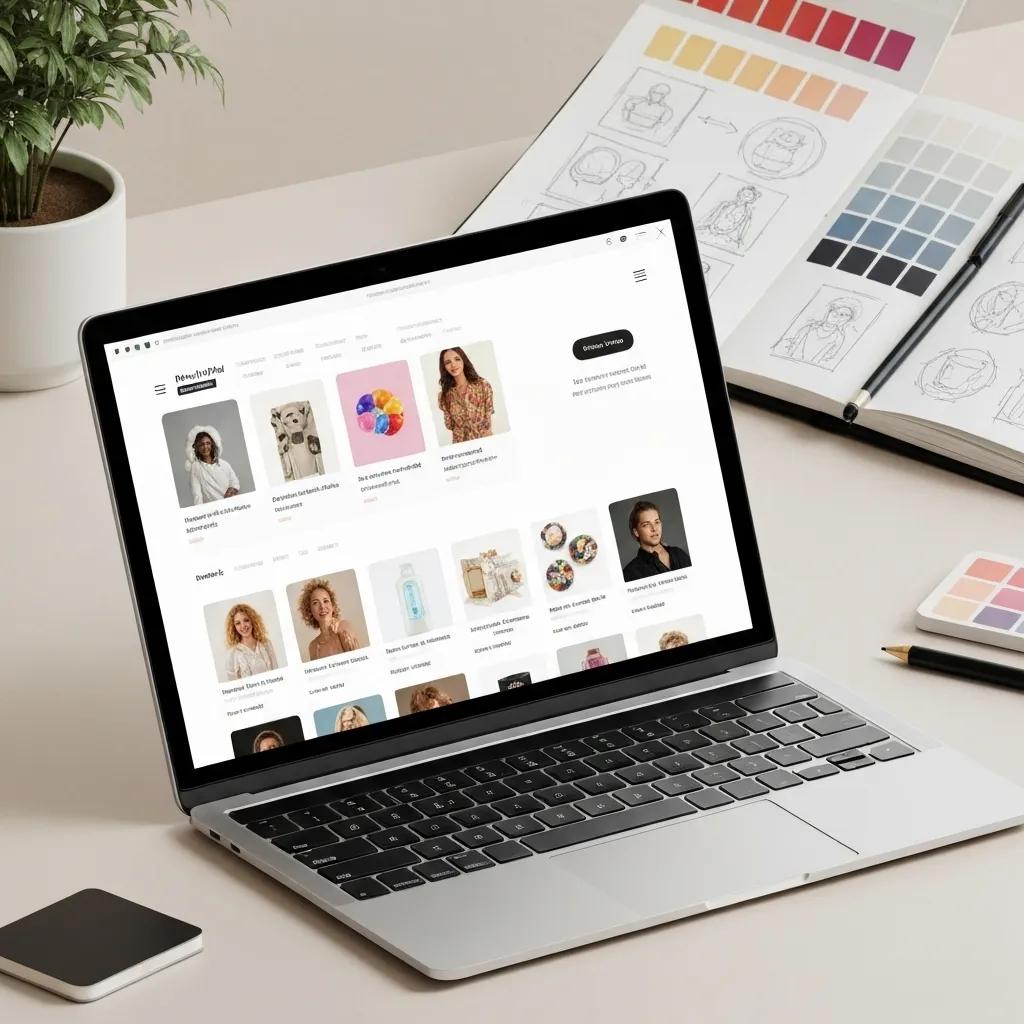 Custom-designed Shopify Plus storefront on a laptop with design tools