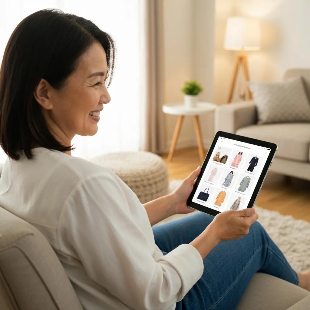 Delighted customer experiencing a hyper-personalized shopping journey on a tablet