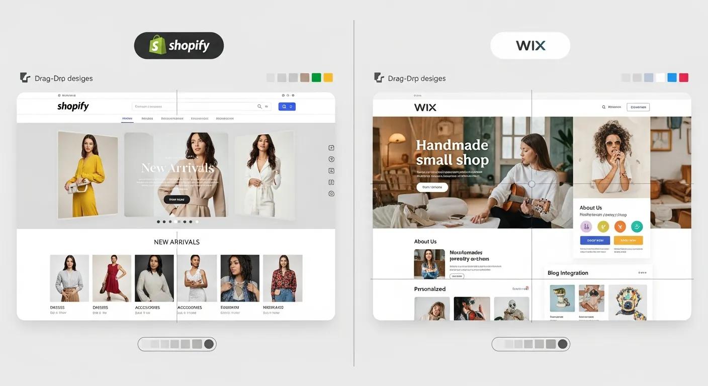 Visual comparison of design flexibility in Shopify and Wix, showcasing diverse online store layouts and customization options