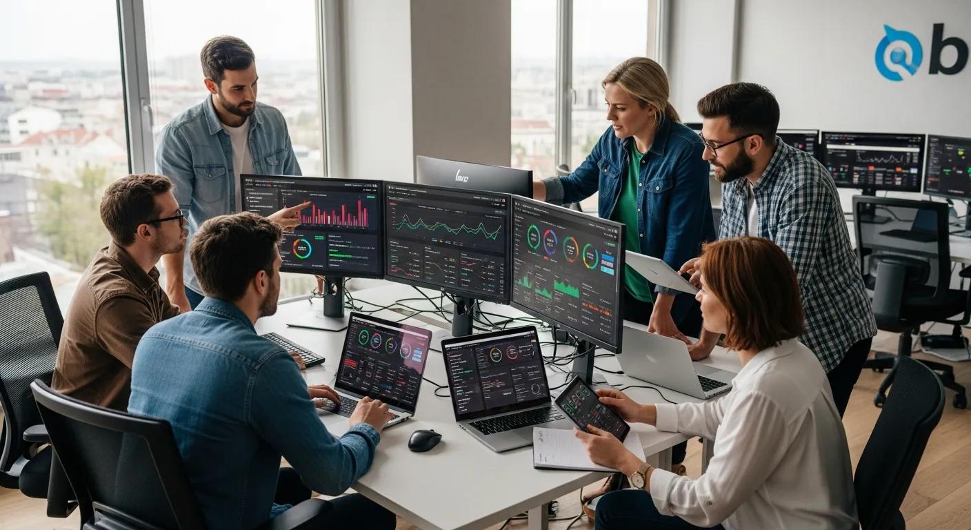 A digital marketing team actively analyzing website performance metrics on screens in a bright, modern office environment.