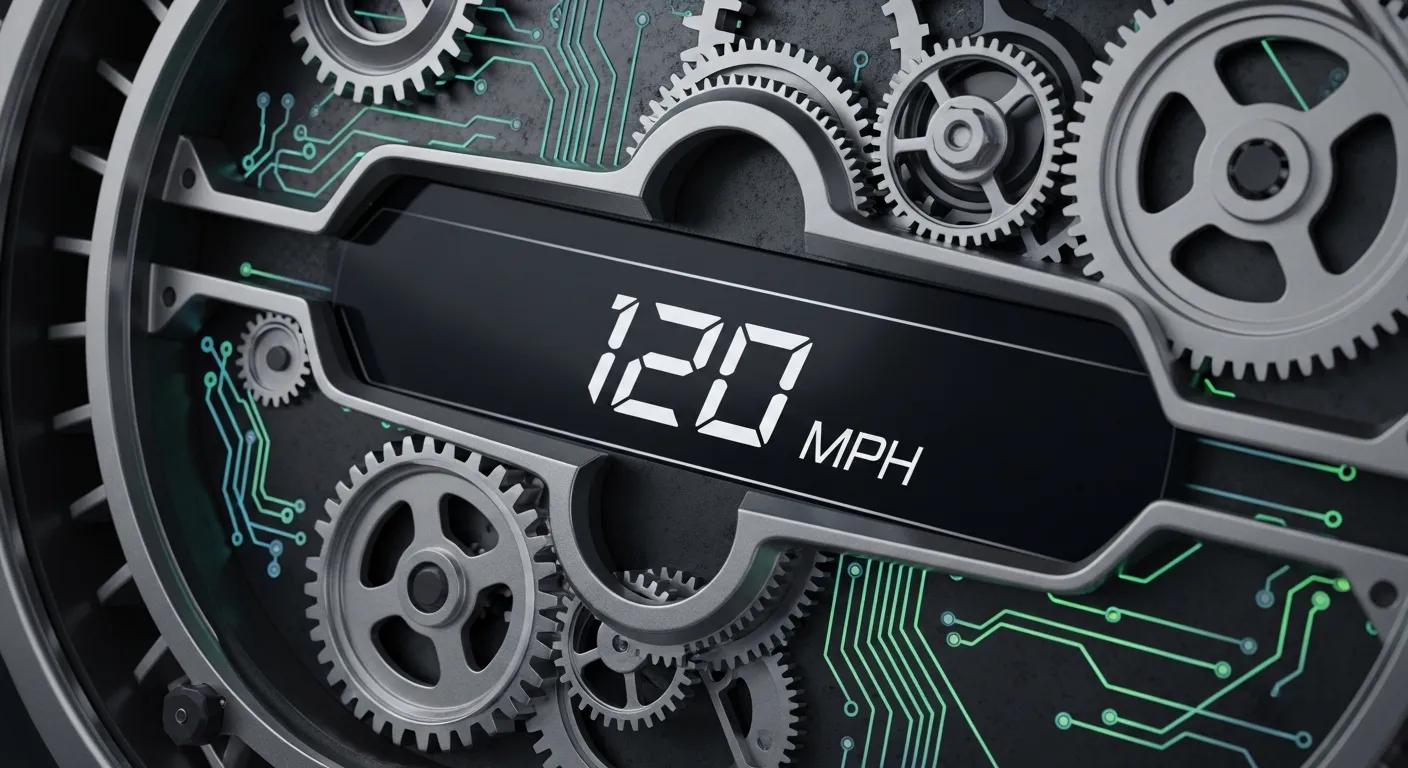 A high-performance digital speedometer, adorned with intricate gears and circuit patterns, signifying peak operational efficiency