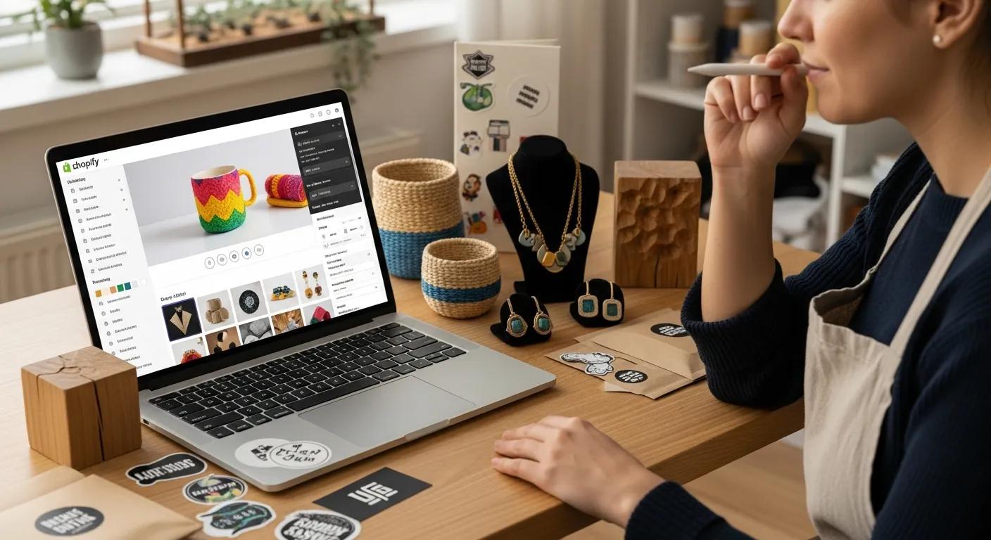 Artisan customizing their Shopify store, highlighting branding and design options available for handmade sellers