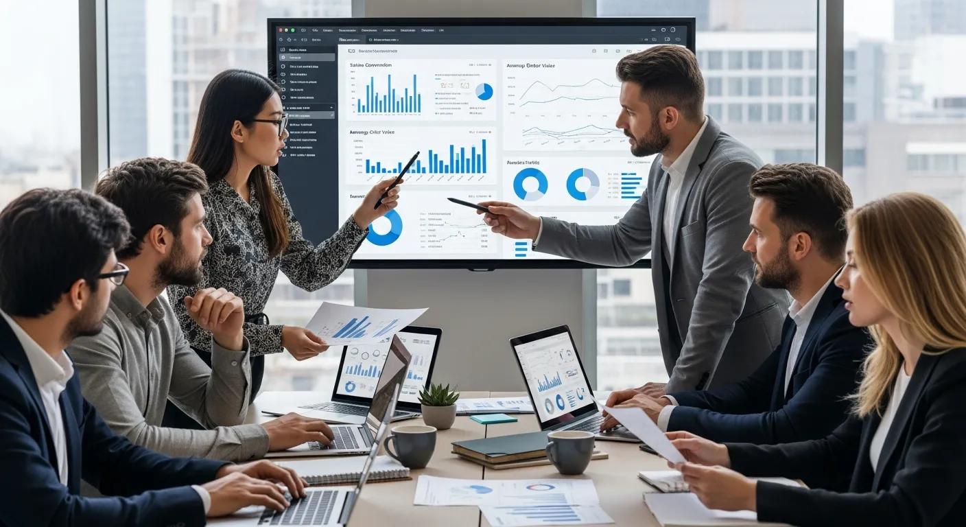 A digital marketing team meticulously analyzing data to refine Shopify Plus optimization strategies