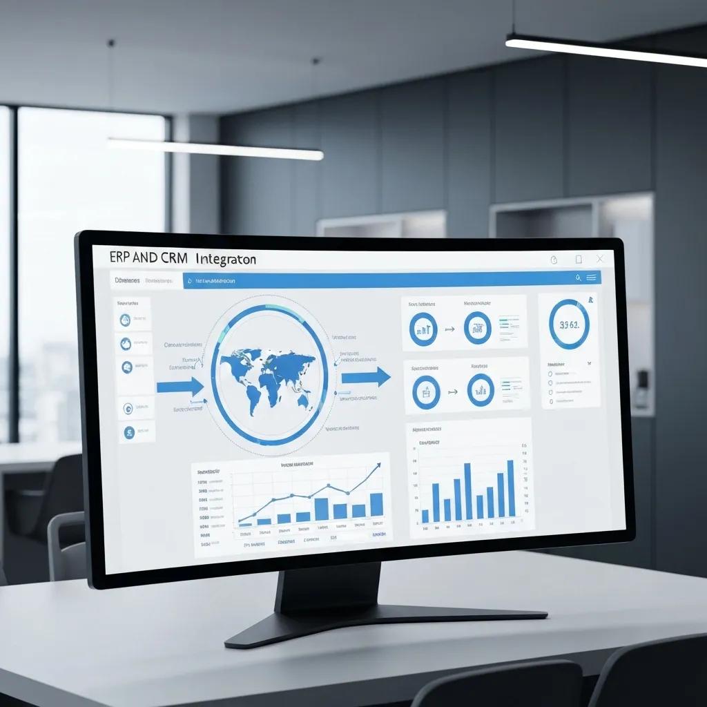 A sleek digital dashboard displaying key ERP and CRM integration metrics within a modern office setting