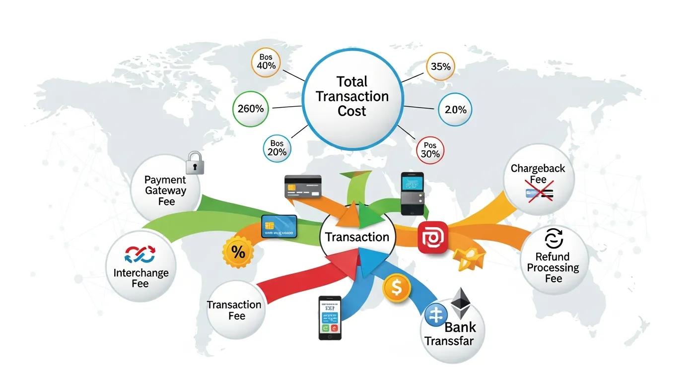 Illustration depicting e-commerce transaction fees and various payment methods