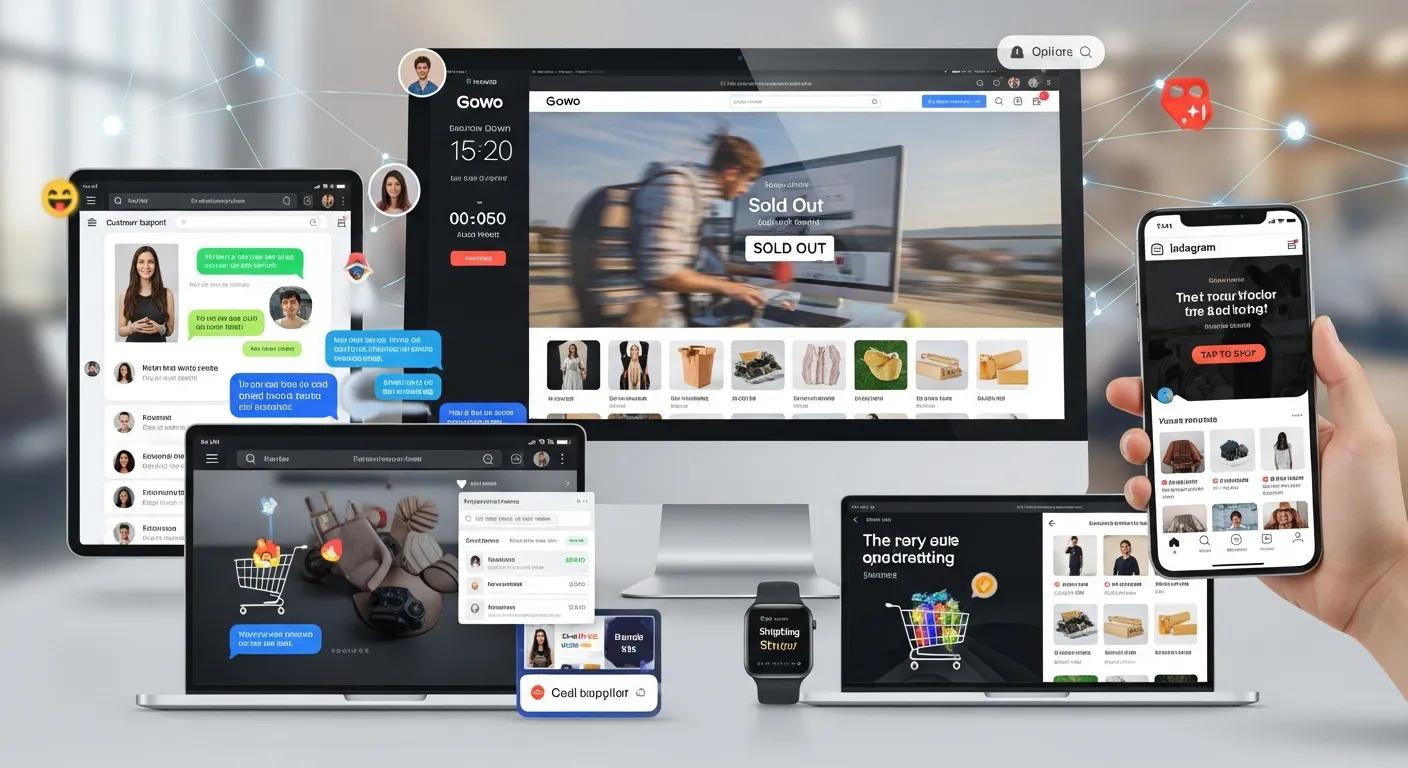 Dynamic online store environment during a high-demand event, showcasing peak customer engagement across diverse devices