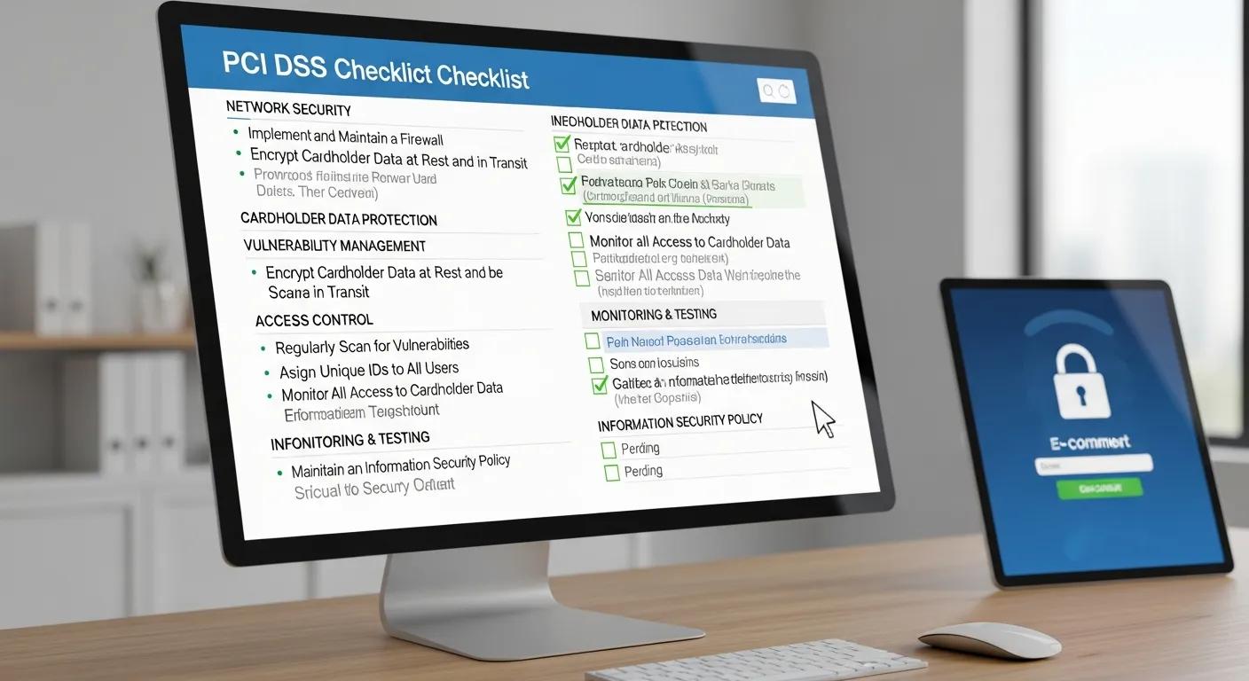 A detailed checklist for PCI DSS compliance, emphasizing secure payment processing for e-commerce operations