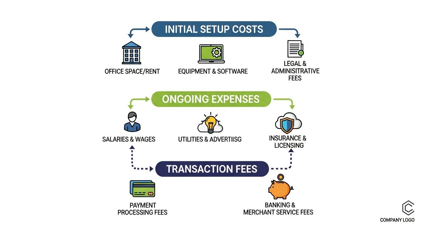 Infographic detailing essential cost factors for startups, including initial setup, ongoing expenses, and transaction fees