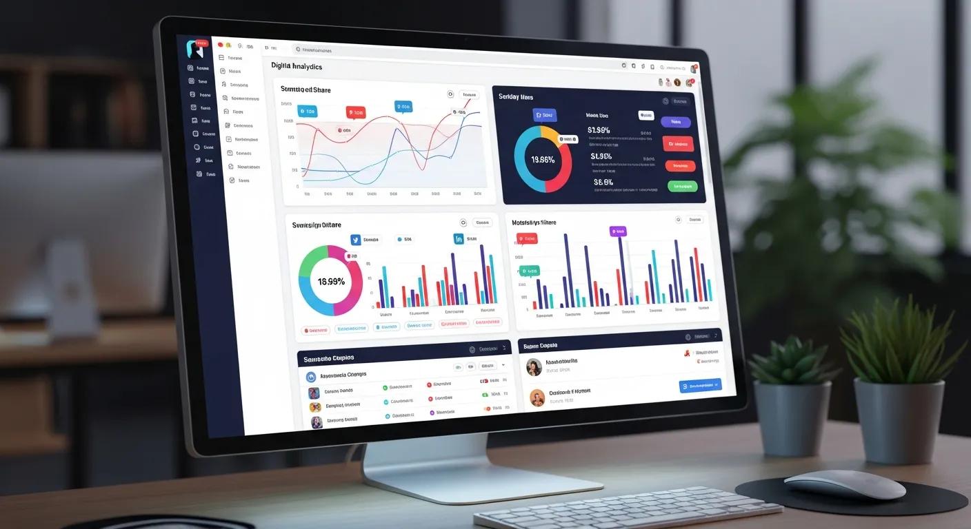 A dynamic display of digital marketing tools, featuring analytics charts and social media icons on a computer screen