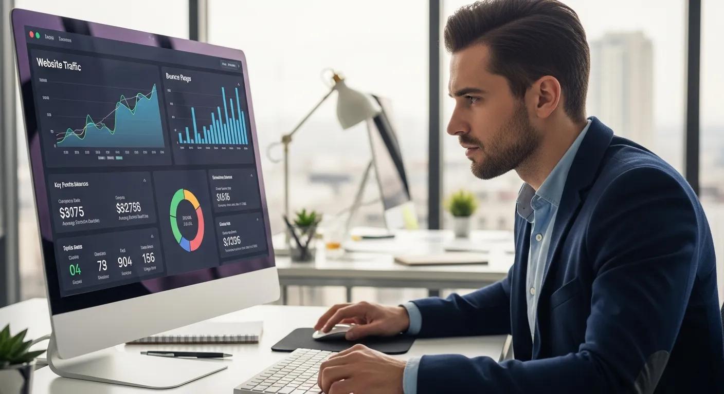 A digital marketing expert intently analyzing website performance metrics on a high-resolution computer screen, indicating data-driven optimization.
