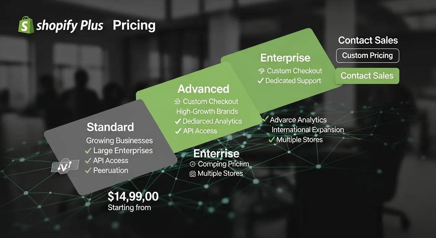 An infographic illustrating the tiered pricing structure of Shopify Plus, set against a modern, professional backdrop