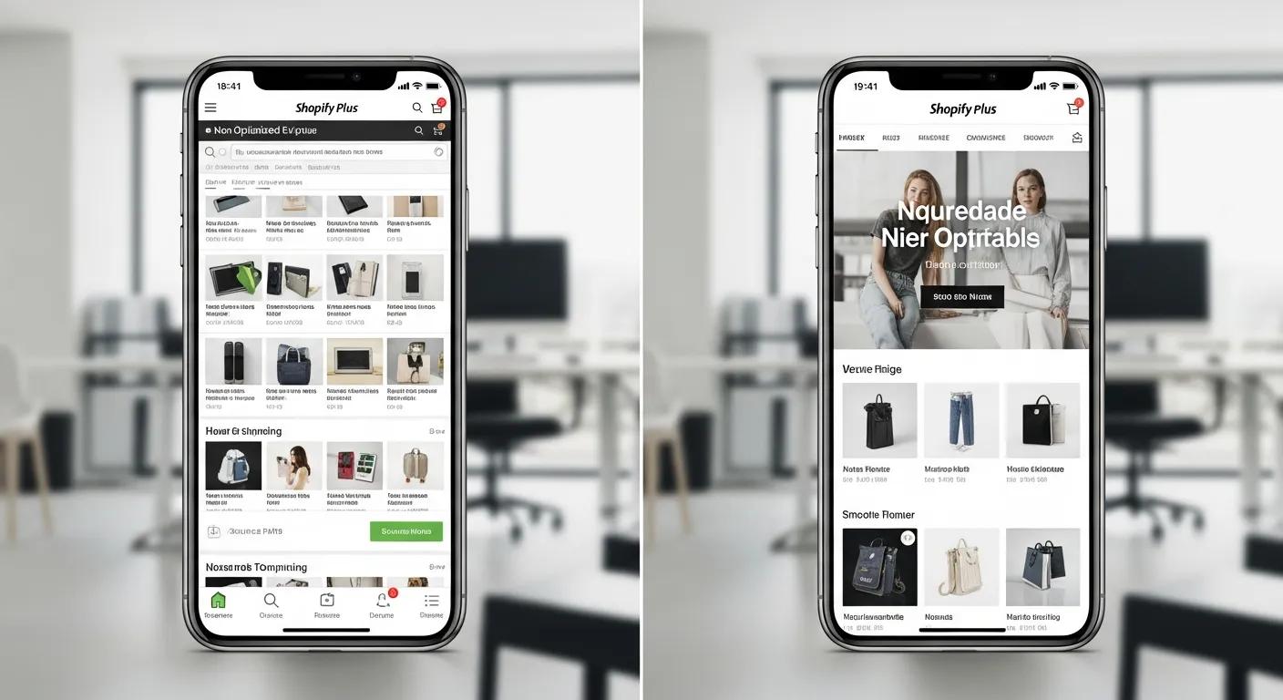 A visual comparison highlighting the superior user experience and conversion rates of a mobile-optimized Shopify Plus store versus a non-optimized one.