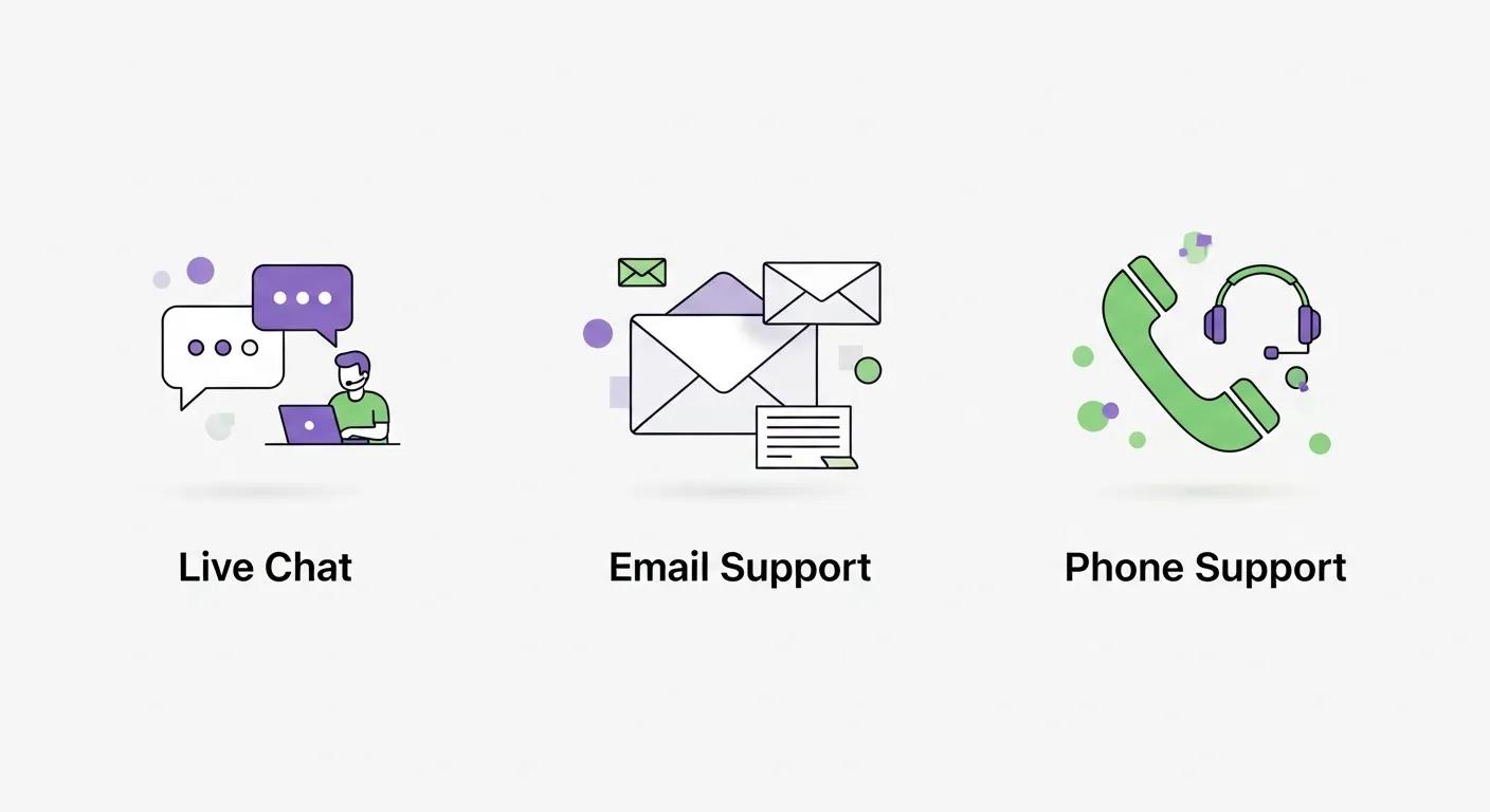 A visual overview of Shopify's customer support options: live chat, email, and phone icons