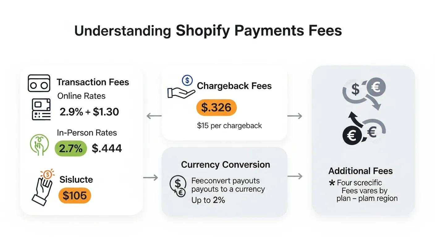 Infographic detailing the components of Shopify Payments fees