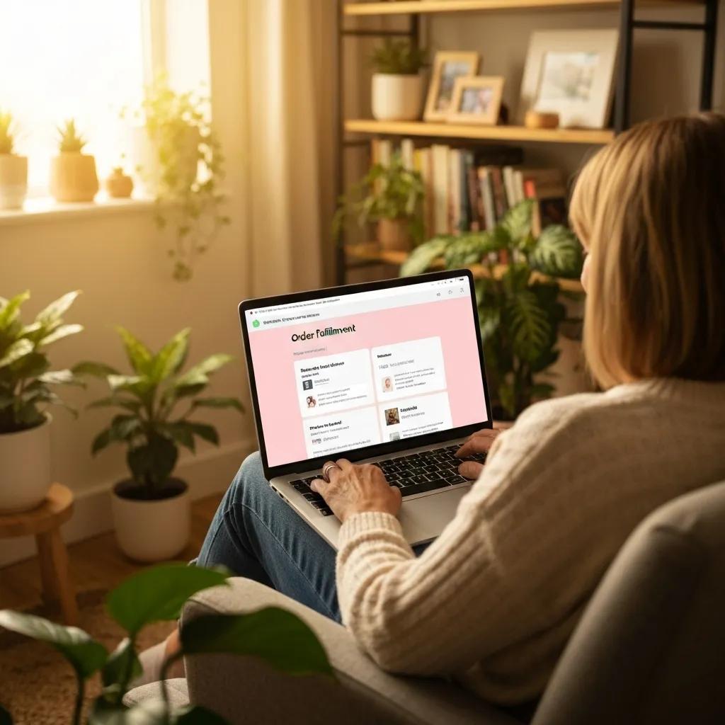 A merchant actively browsing the Shopify Help Center within a comfortable home office setting, emphasizing the power of self-service troubleshooting.
