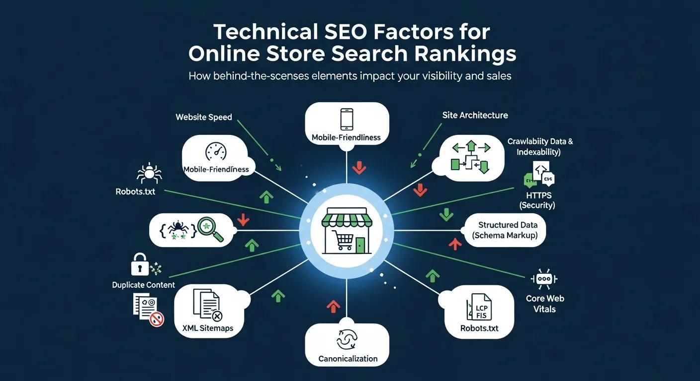 Visual representation of technical SEO factors influencing online store search rankings