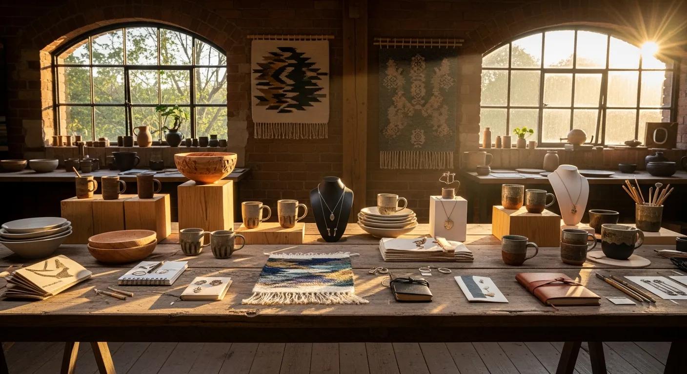 Exquisite handmade artisanal goods beautifully displayed in a sun-drenched studio, celebrating creativity and meticulous craftsmanship