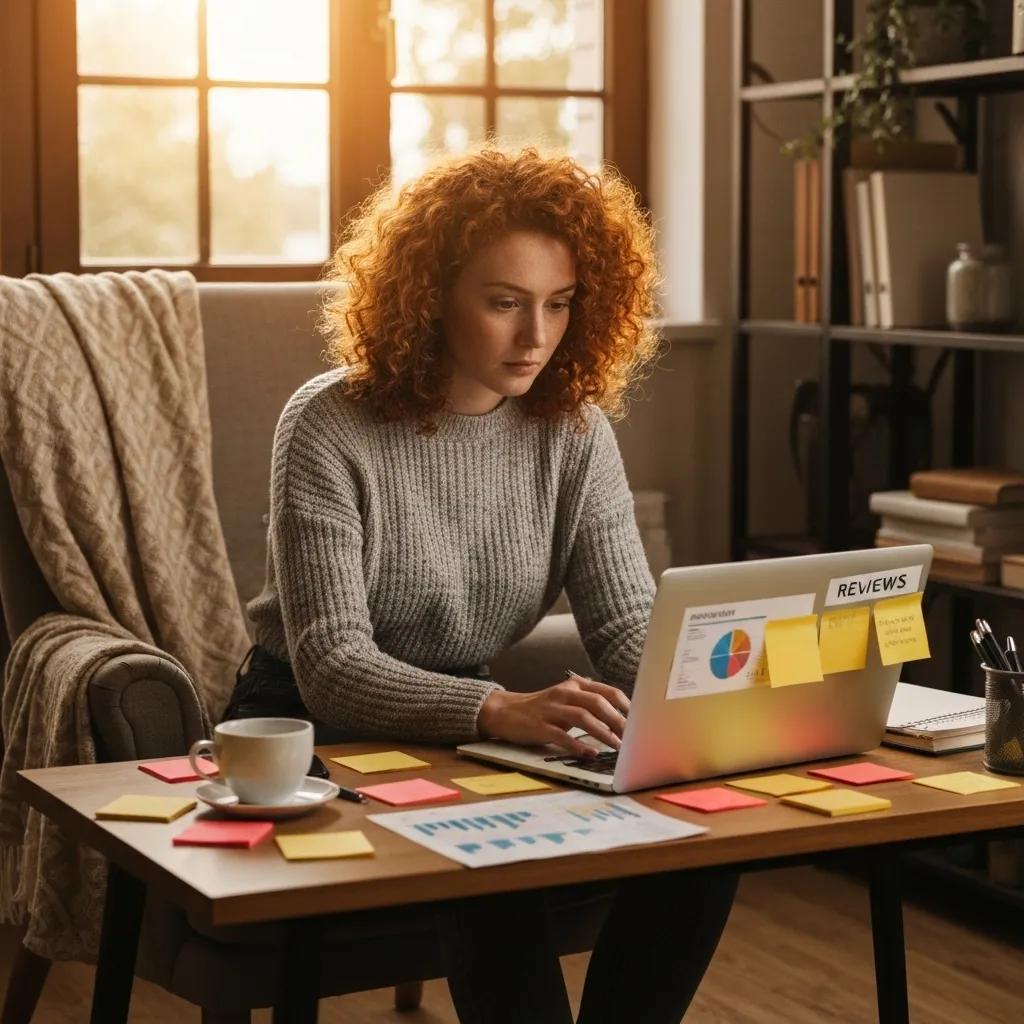 A professional meticulously analyzing Shopify Plus partner reviews in a focused workspace