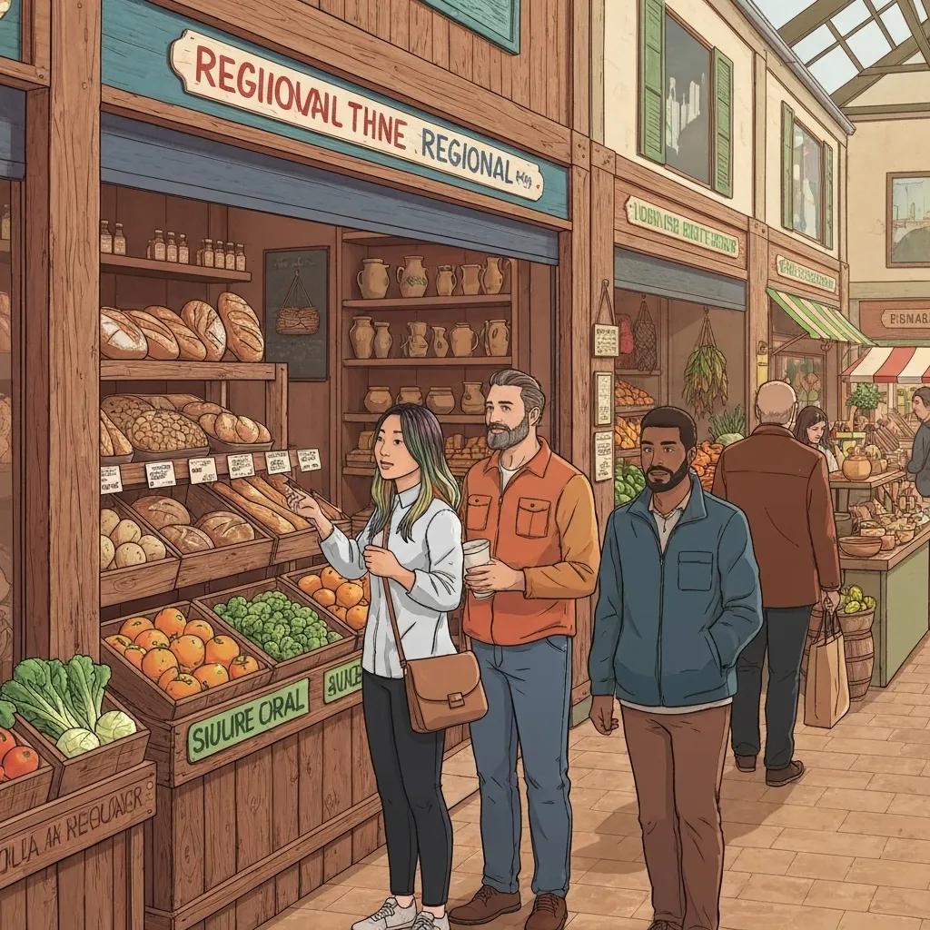 Vibrant local market scene highlighting community engagement and unique regional products