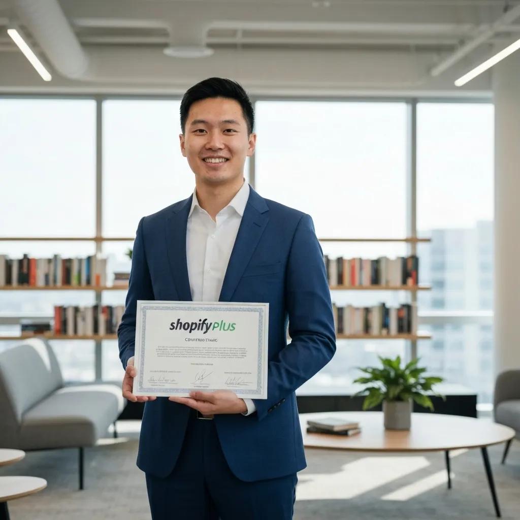 A professional proudly displaying their Shopify Plus certification in a contemporary office setting