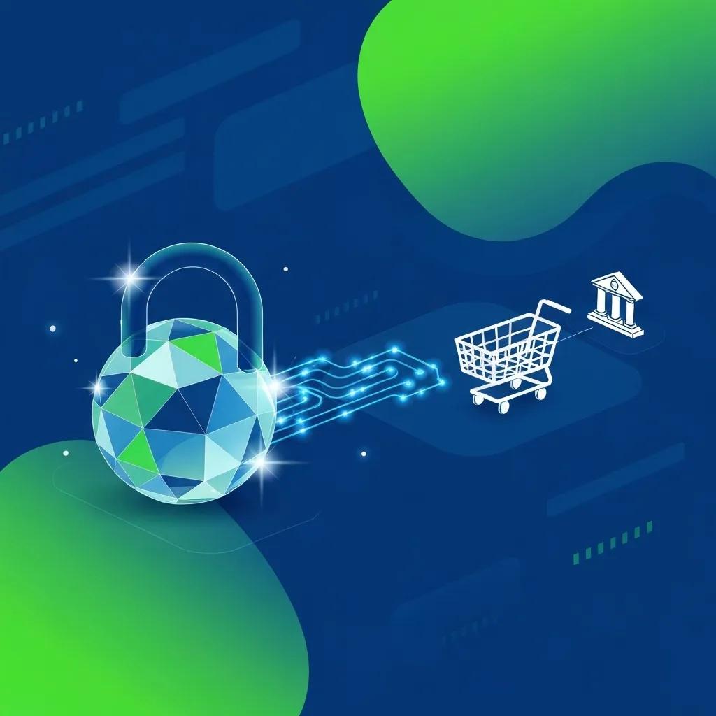 Conceptual illustration of a secure payment gateway, featuring a digital lock and intricate data flow patterns
