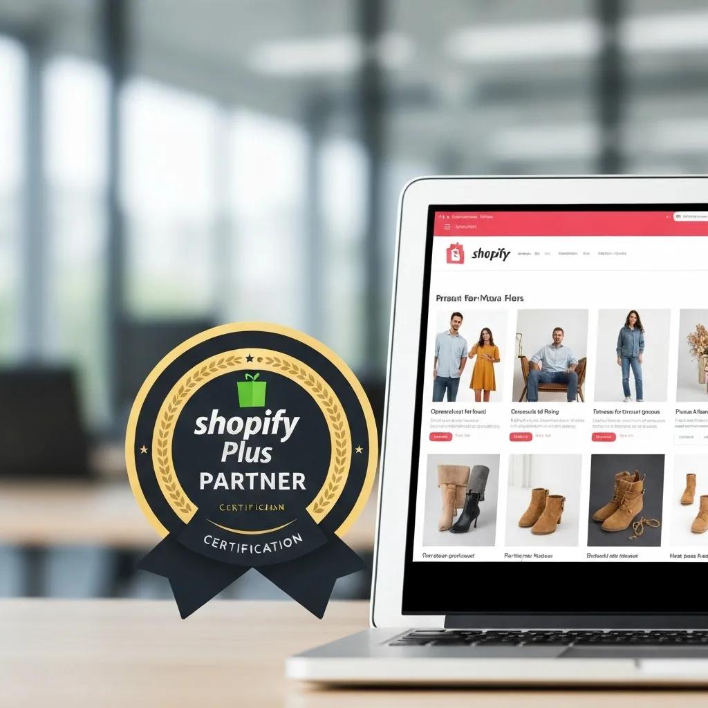 Official Shopify Plus Partner certification badge displayed prominently next to a laptop showcasing a high-performing e-commerce website.