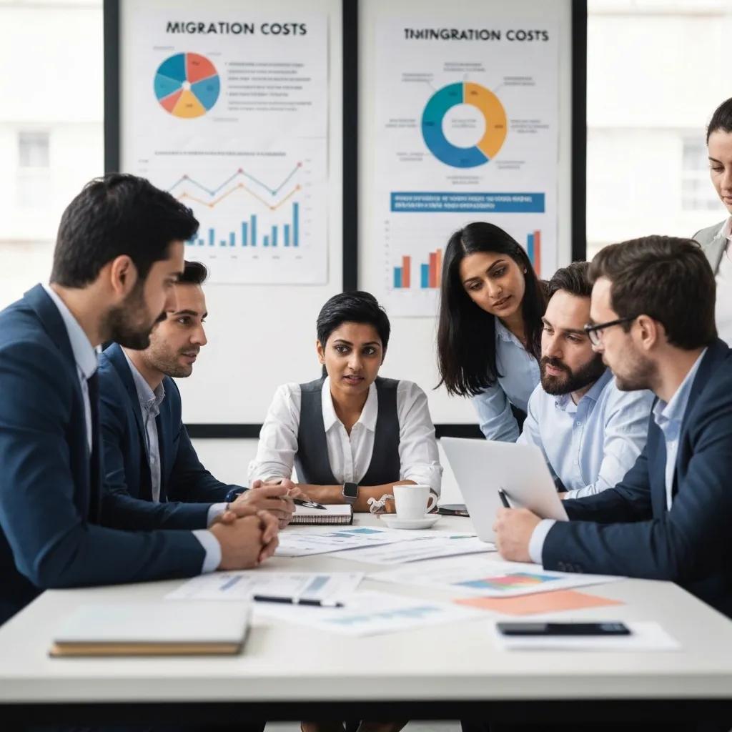 A diverse team of e-commerce professionals collaborating around a table, discussing migration strategies with documents and a laptop displaying Shopify Plus.