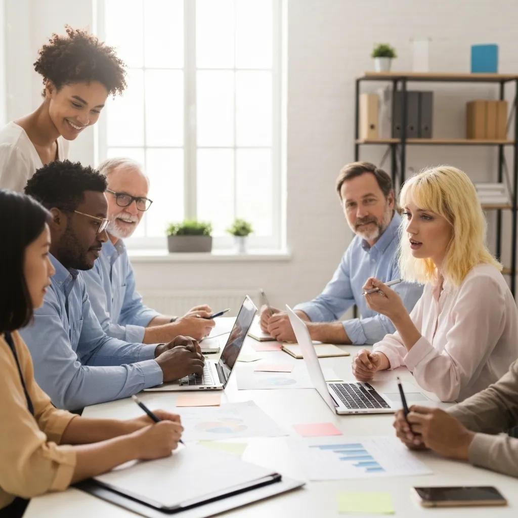 A focused team collaborating around a table, strategizing a Shopify Plus migration with laptops and detailed notes, symbolizing meticulous planning.