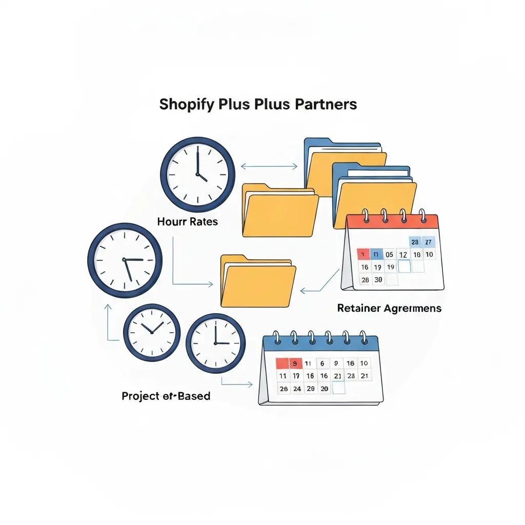 An infographic illustrating the different pricing models for Shopify Plus Partners: hourly, project-based, and retainer