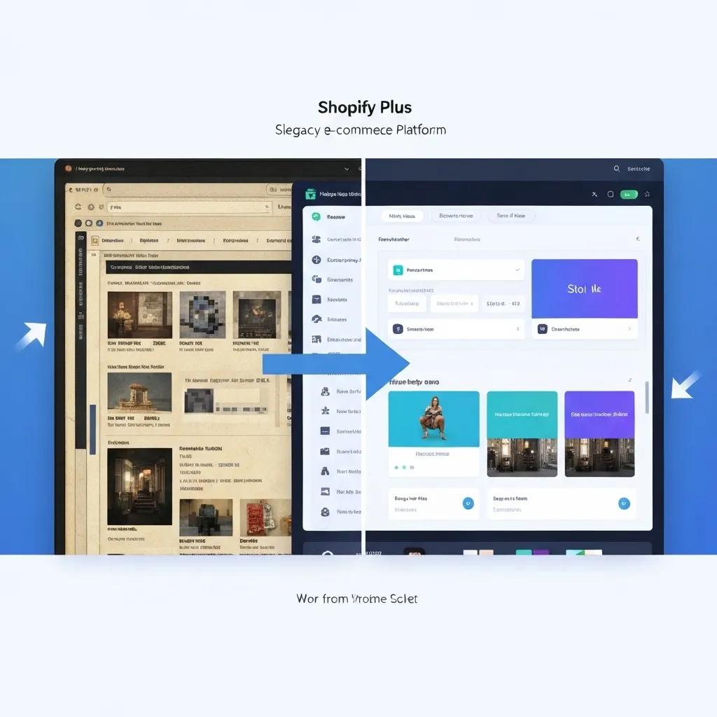 A dynamic visual representation illustrating the seamless transition from a legacy e-commerce platform to the advanced capabilities of Shopify Plus, highlighting key migration advantages.