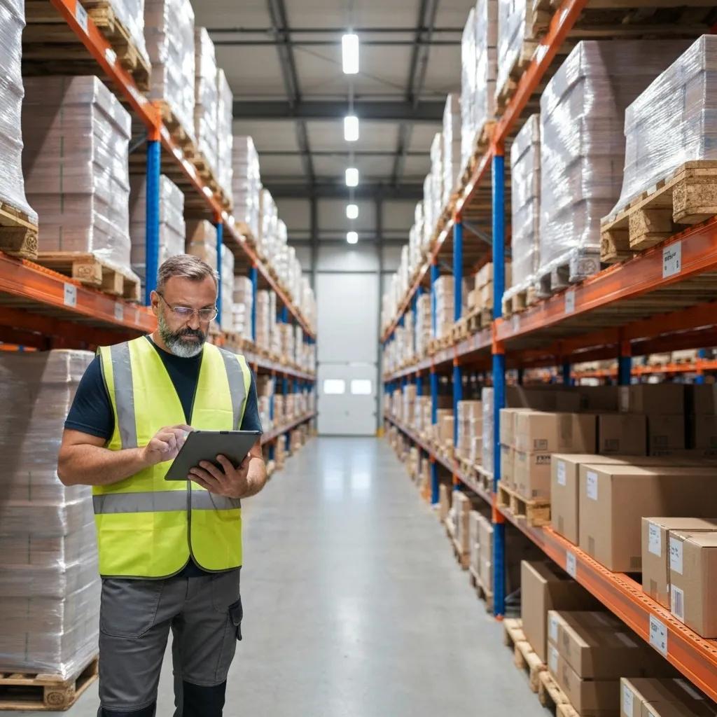 Warehouse scene with inventory management and technology integration