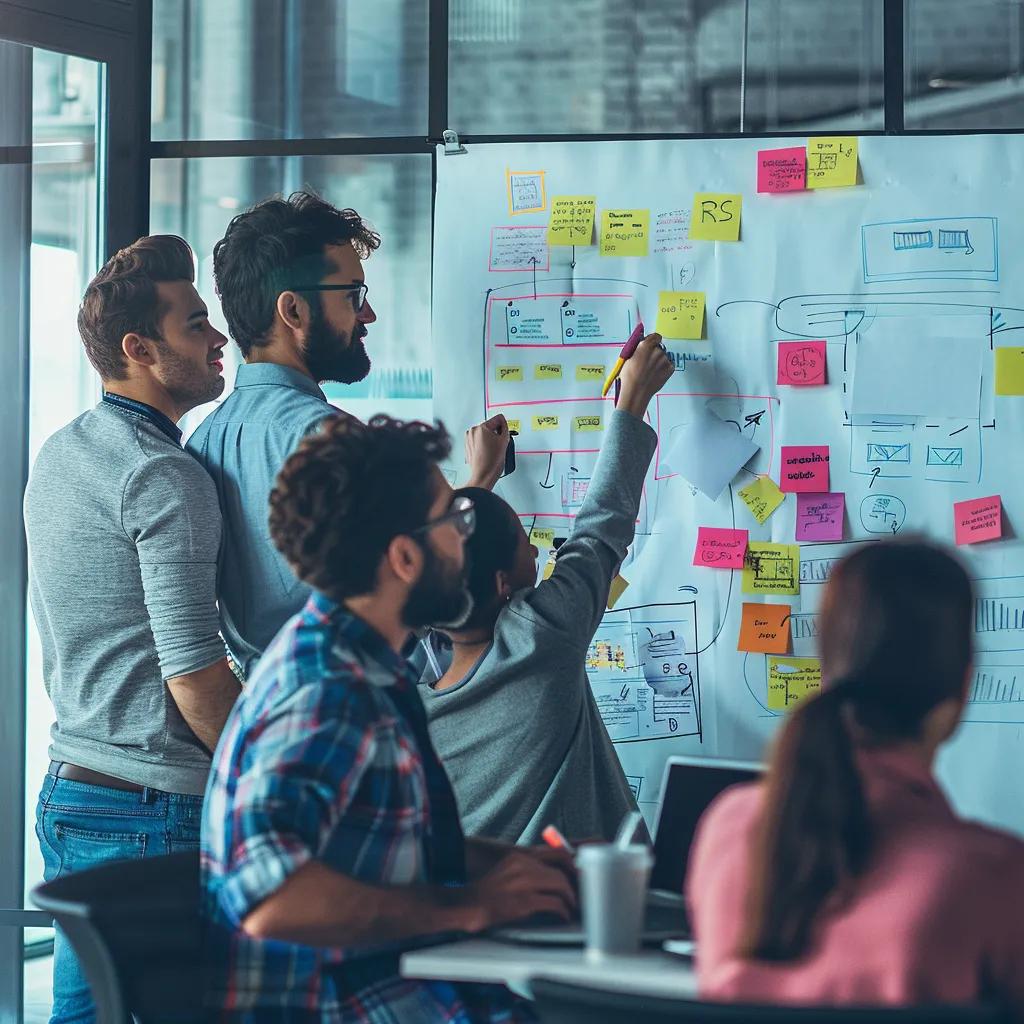 A team actively brainstorming, focusing on A/B testing and SEO strategies for meta descriptions