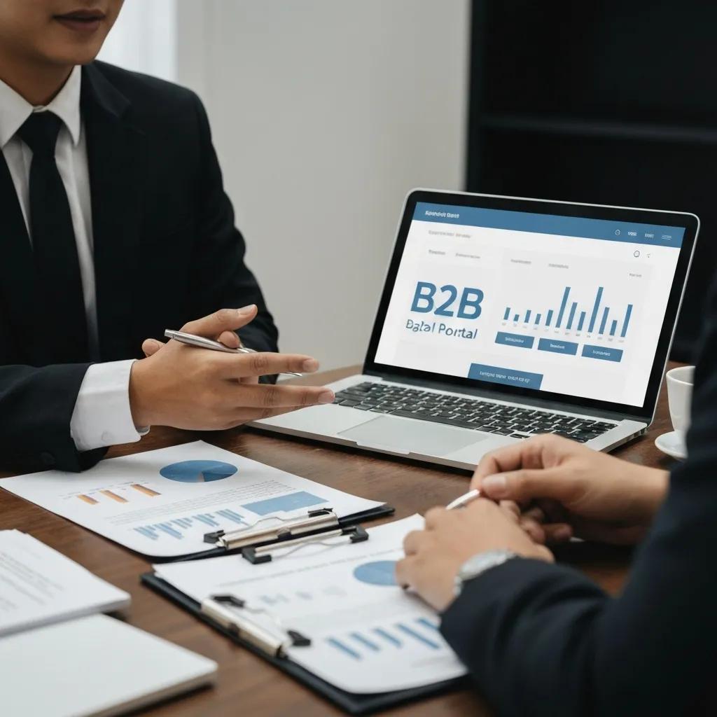 Business professionals engaged in a strategic discussion about bespoke B2B e-commerce solutions powered by a cutting-edge digital platform