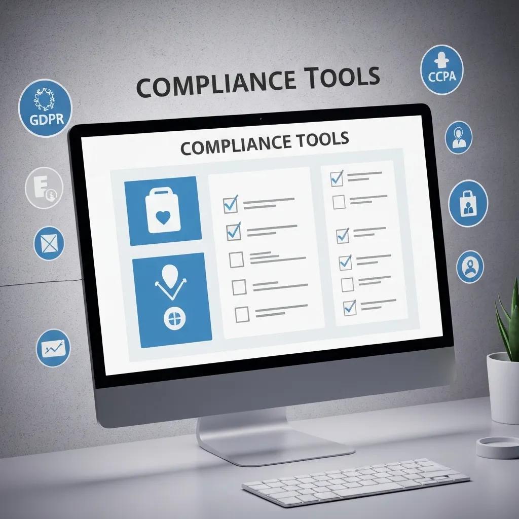 Visual representation of GDPR and CCPA compliance tools, featuring checklists and data protection icons.