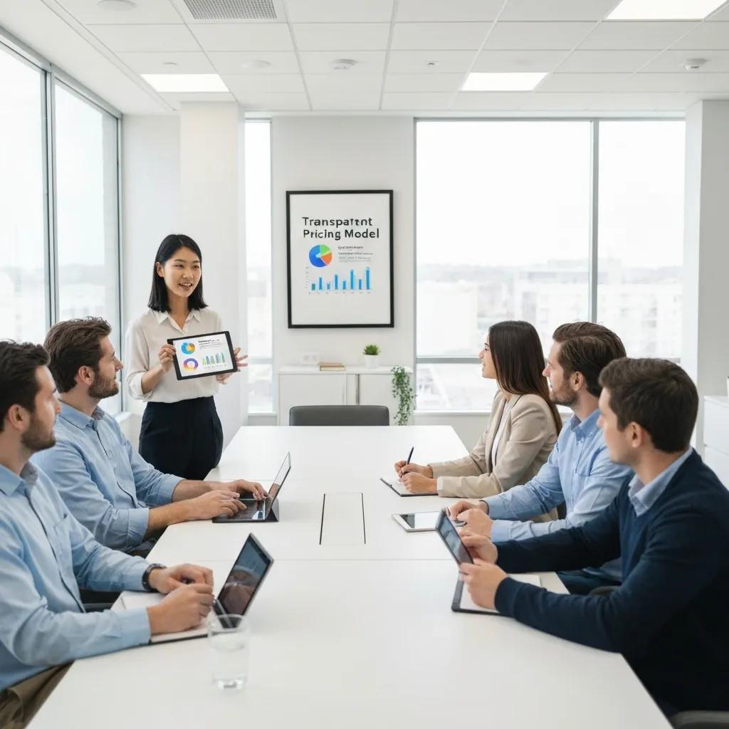 Consultant presenting transparent pricing model to clients in a professional business meeting