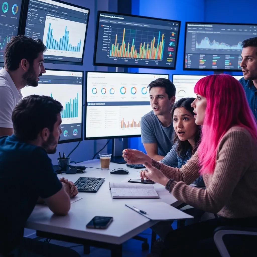 E-commerce developers meticulously analyzing performance metrics to optimize a Shopify Plus store