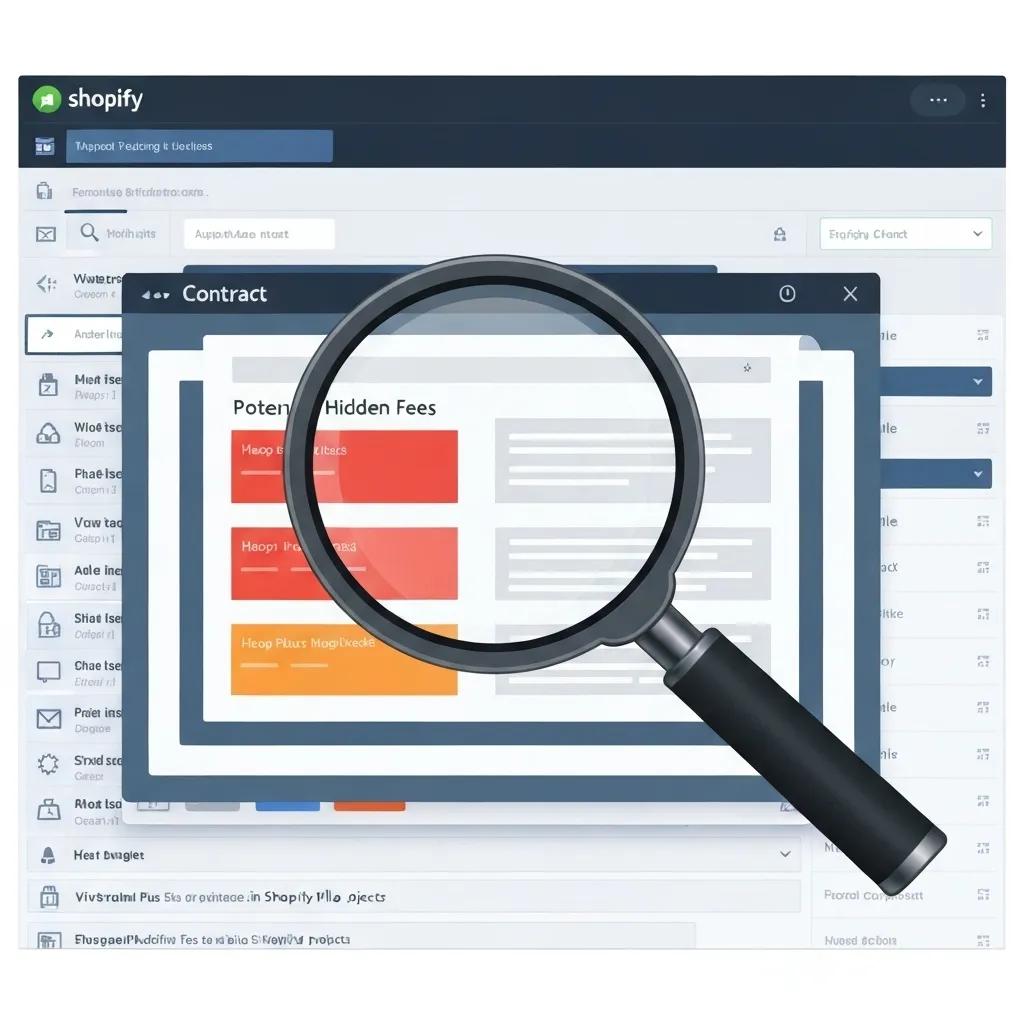 Magnifying glass highlighting contract sections to identify hidden fees in Shopify Plus projects