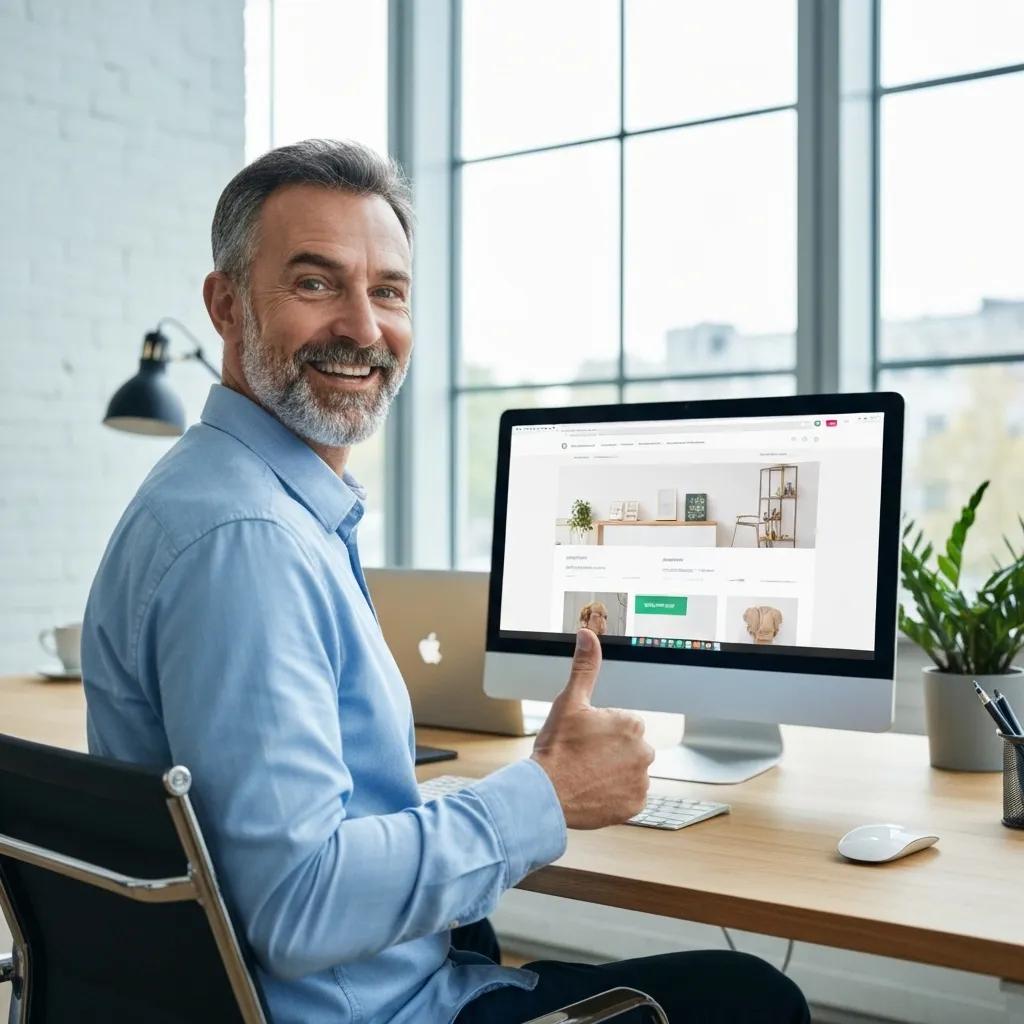Satisfied client celebrating successful Shopify Plus migration with a thumbs up