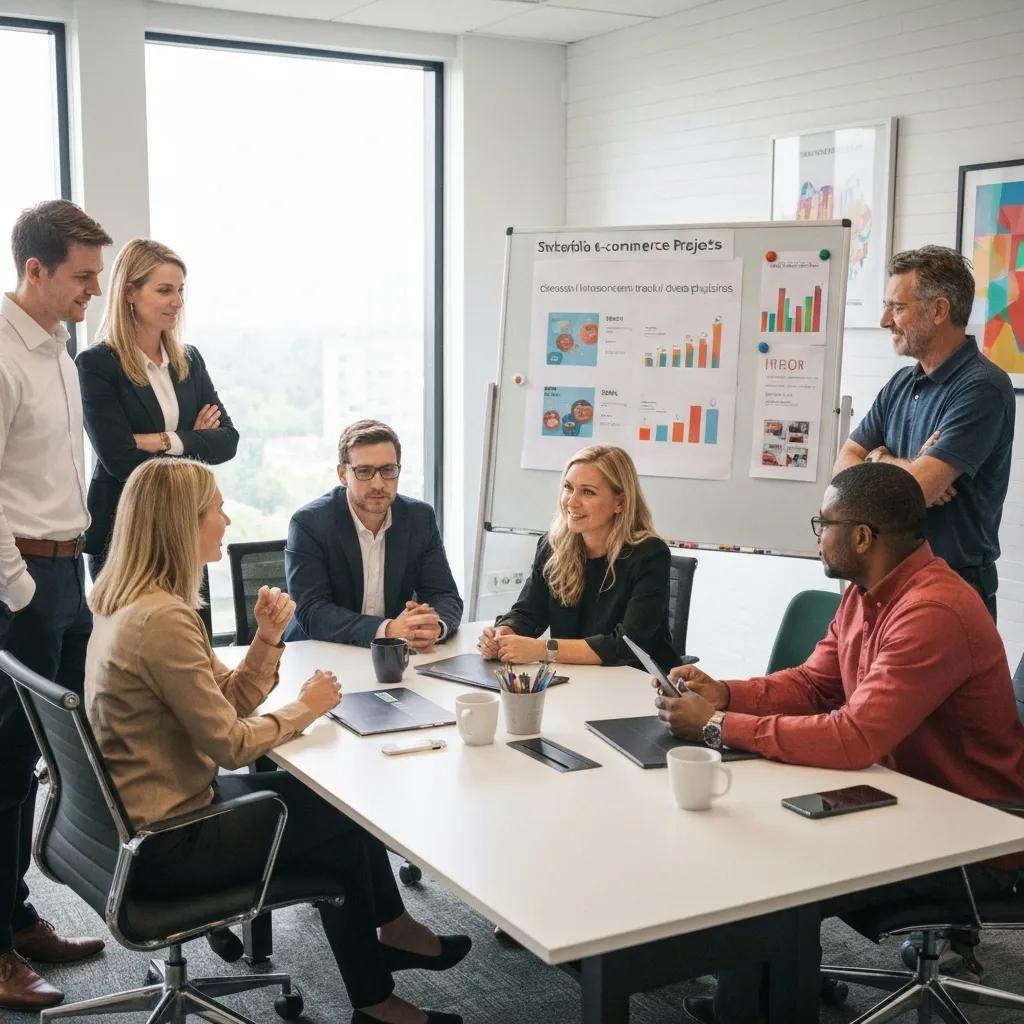 A team actively discussing an e-commerce project portfolio within a sleek, modern office setting