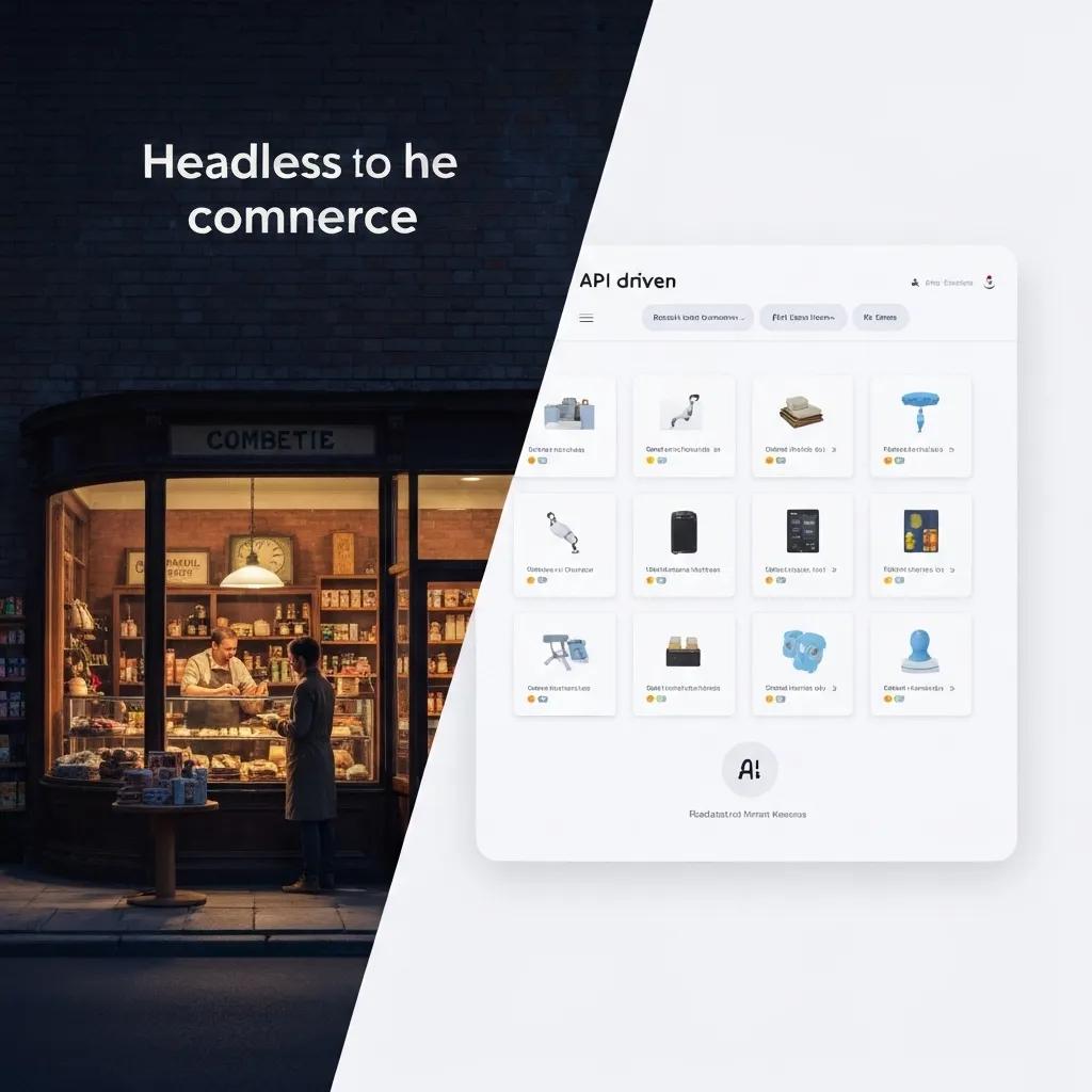 Visual representation of headless commerce with split-screen storefront and API interface