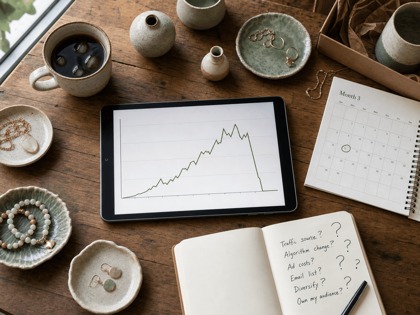 Etsy algorithm dependency risk — small business sales analytics showing sudden revenue drop from platform change
